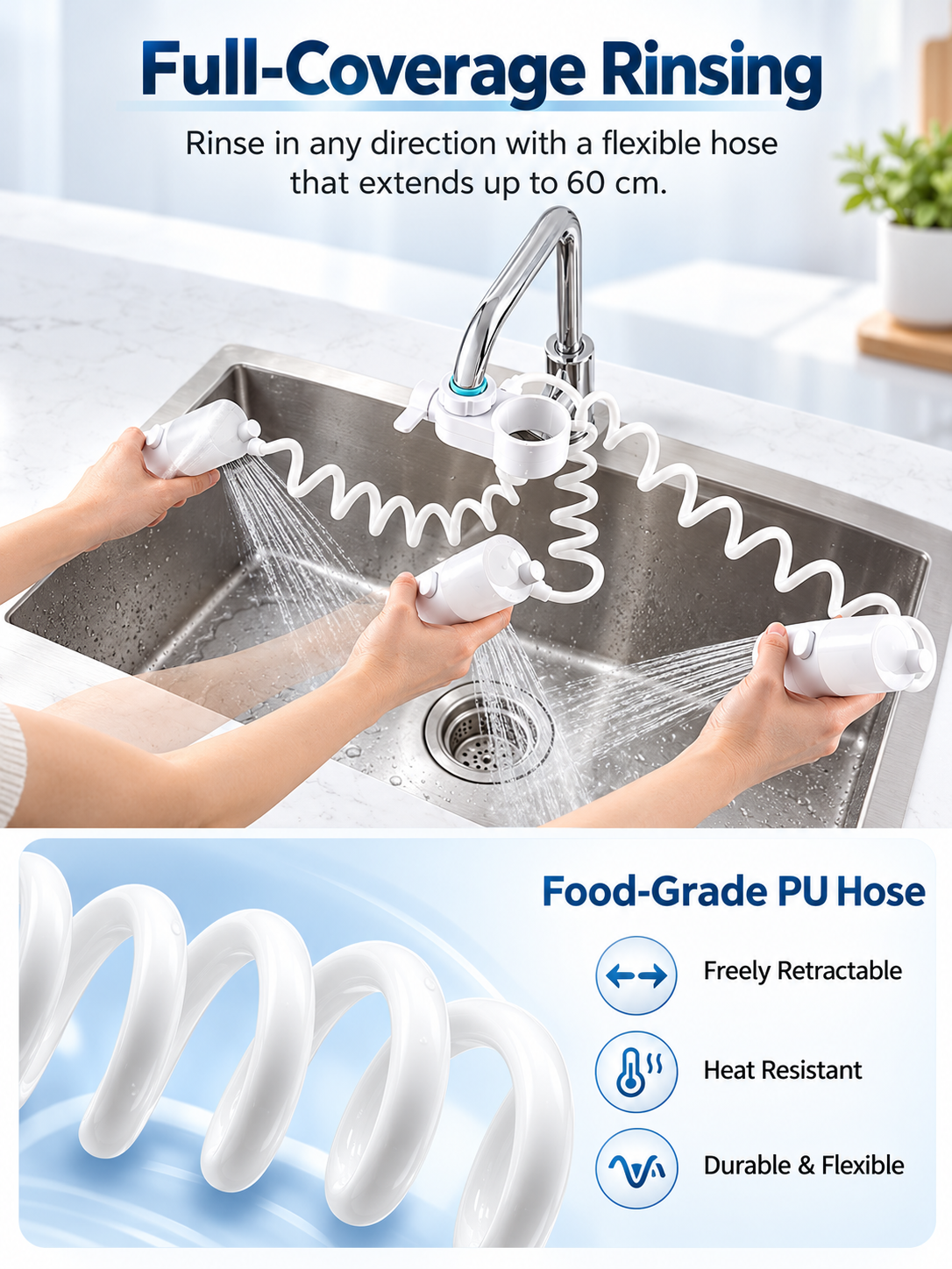 🚰🧼 Soap-Dispensing Faucet Sprayer – 3 Cleaning Modes & Pull-Out Hose