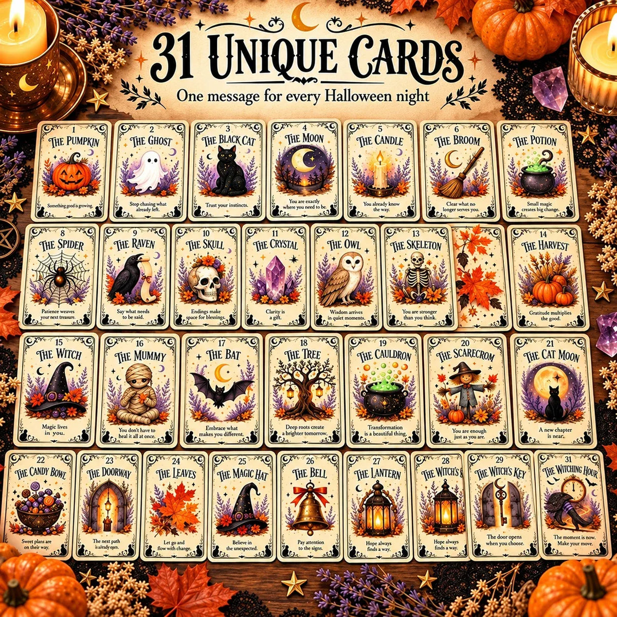 🎃 Sweet & Spooky Halloween Oracle Deck – 31 Daily Spooky Messages for October
