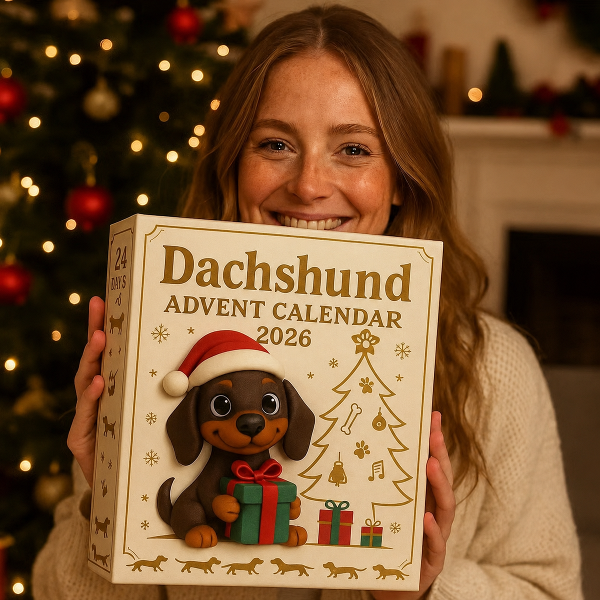 A person holding the festive Dachshund Advent Calendar box beside a decorated Christmas tree.