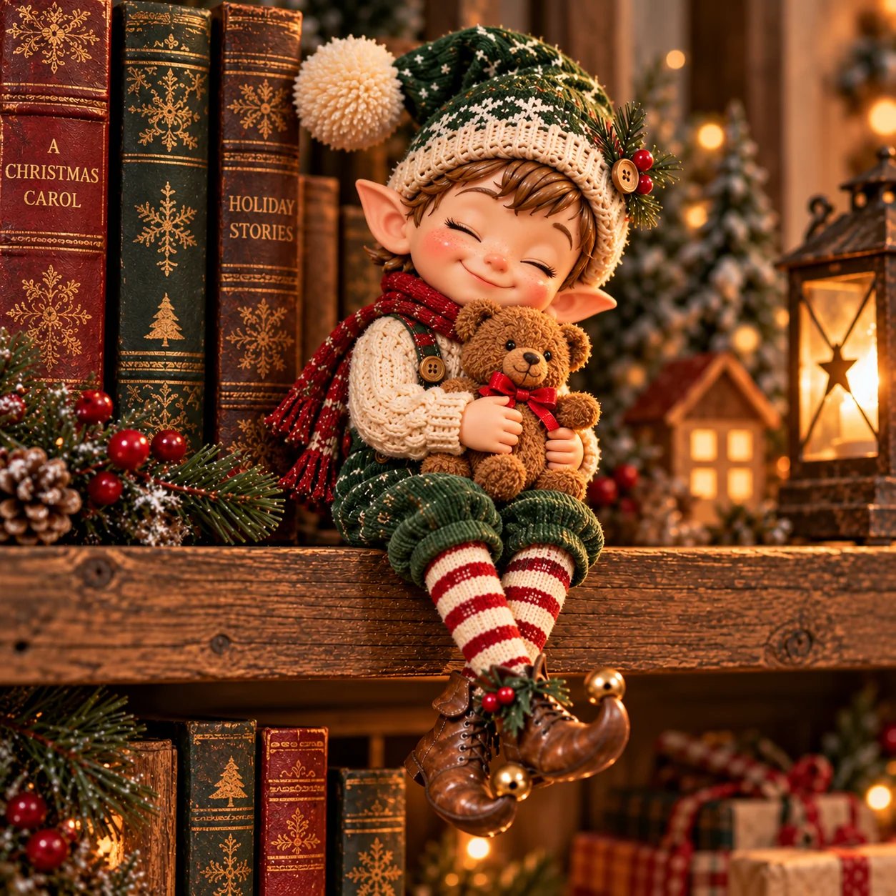 Little Christmas elf hugging a teddy bear while sitting on a festive bookshelf with both feet dangling