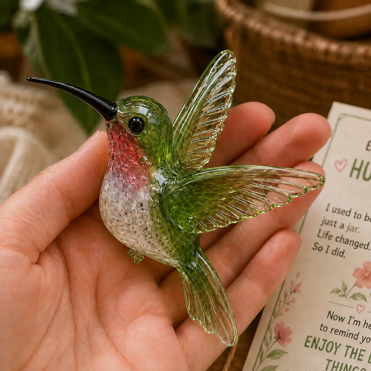 Mini glass hummingbird with green wings and pink chest held in a hand