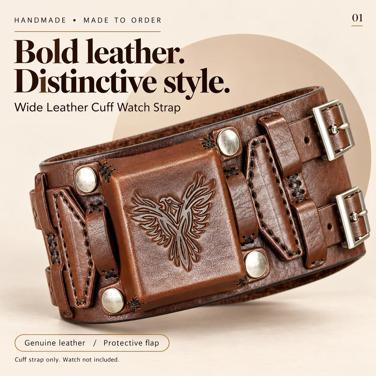 Leather Cuff Watch Strap with Personalized Flap, Brown Wide Handmade Watch Band for Apple