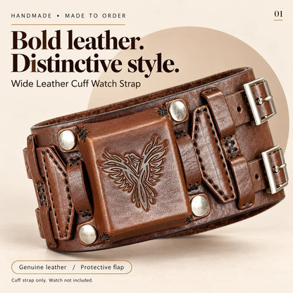 Leather Cuff Watch Strap with Personalized Flap, Brown Wide Handmade Watch Band for Apple