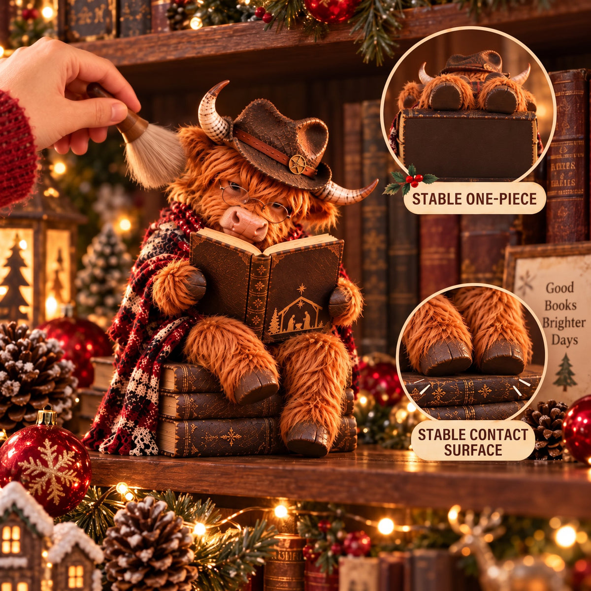Enchanted Highland Cow Reader Sculpture, Winter Tabletop Book Nook Decor