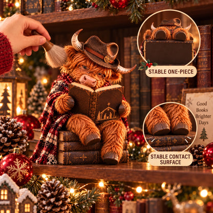 Enchanted Highland Cow Reader Sculpture, Winter Tabletop Book Nook Decor