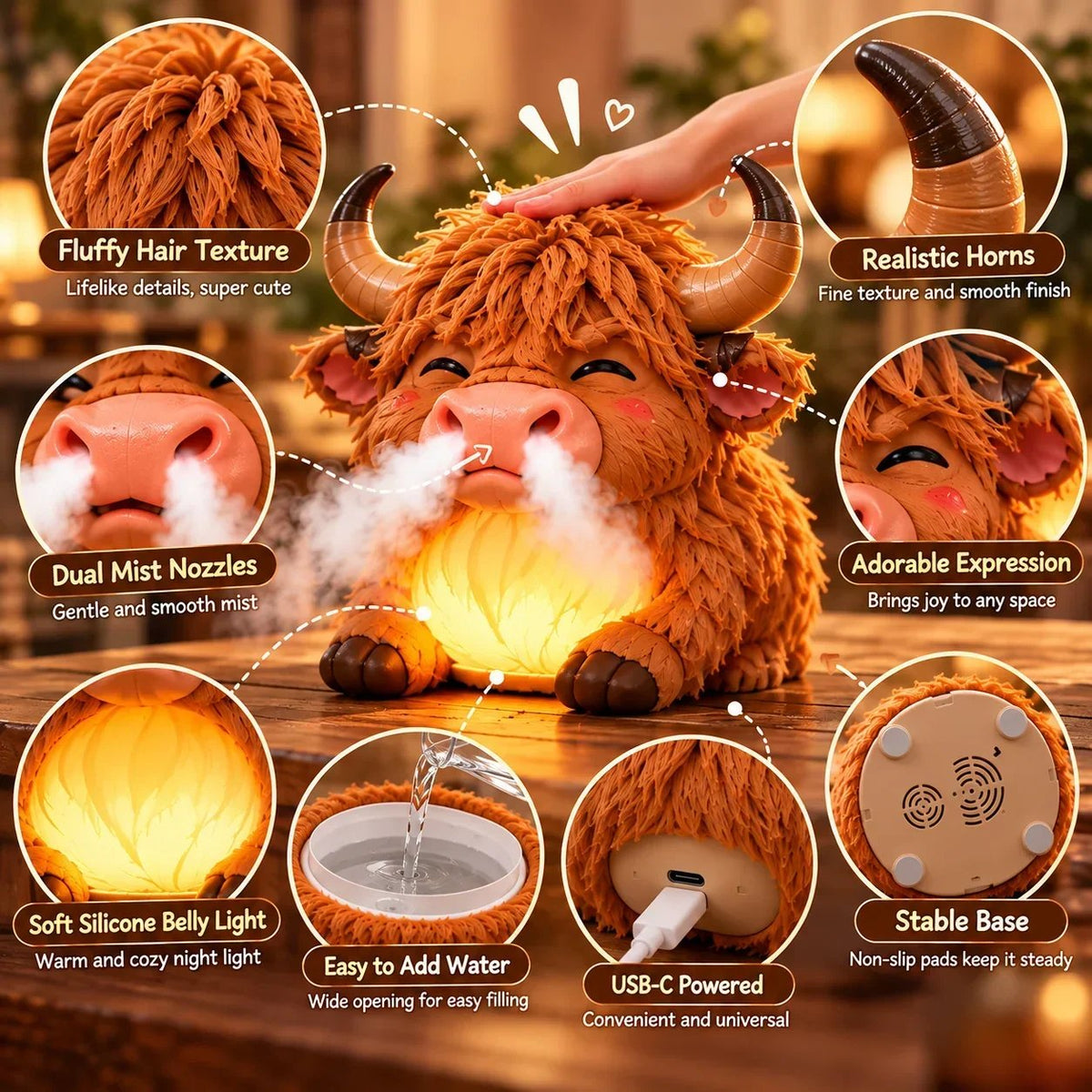 🐮 Highland Cow Huff™ – Tap-to-Puff Humidifier & Colorful Night Light ✨🎁