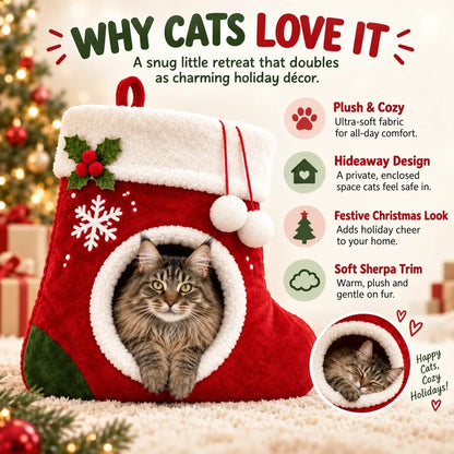 🎉🎄Christmas Stocking Cat Bed – Ultra-Soft Sherpa Cozy Hideaway for Cats 🐱