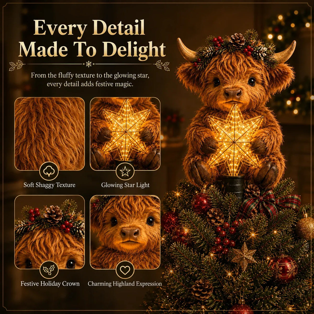 🐮 Baby Highland Cow Christmas Tree Topper with Glowing Star – 50 cm ✨