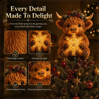 🐮 Baby Highland Cow Christmas Tree Topper with Glowing Star – 50 cm ✨