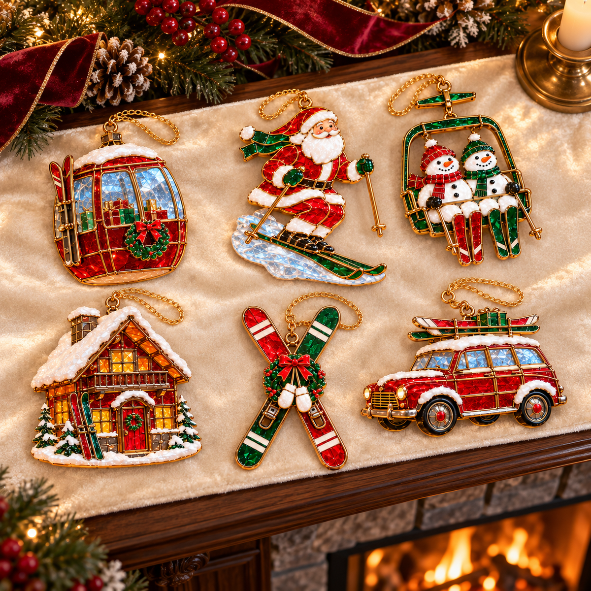 ⛷️ 2026 Christmas Ski Resort Ornaments – Set of 6 Festive Winter Holiday Keepsakes