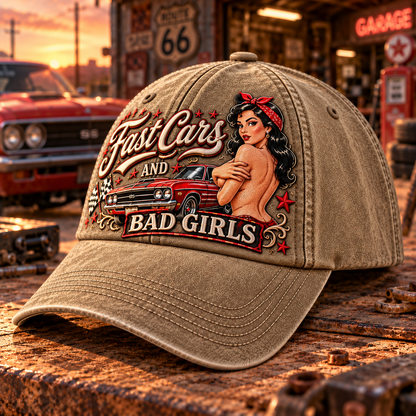 🏁🔥 Fast Cars And Bad Girls Retro Muscle Car Pin-Up Baseball Cap
