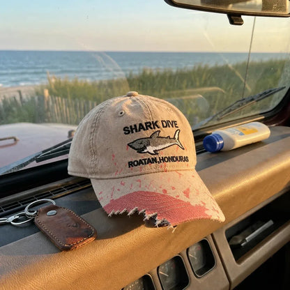 🎉🦈 Shark Bite Baseball Cap | Embroidered Shark • Bite-Shaped Frayed Brim