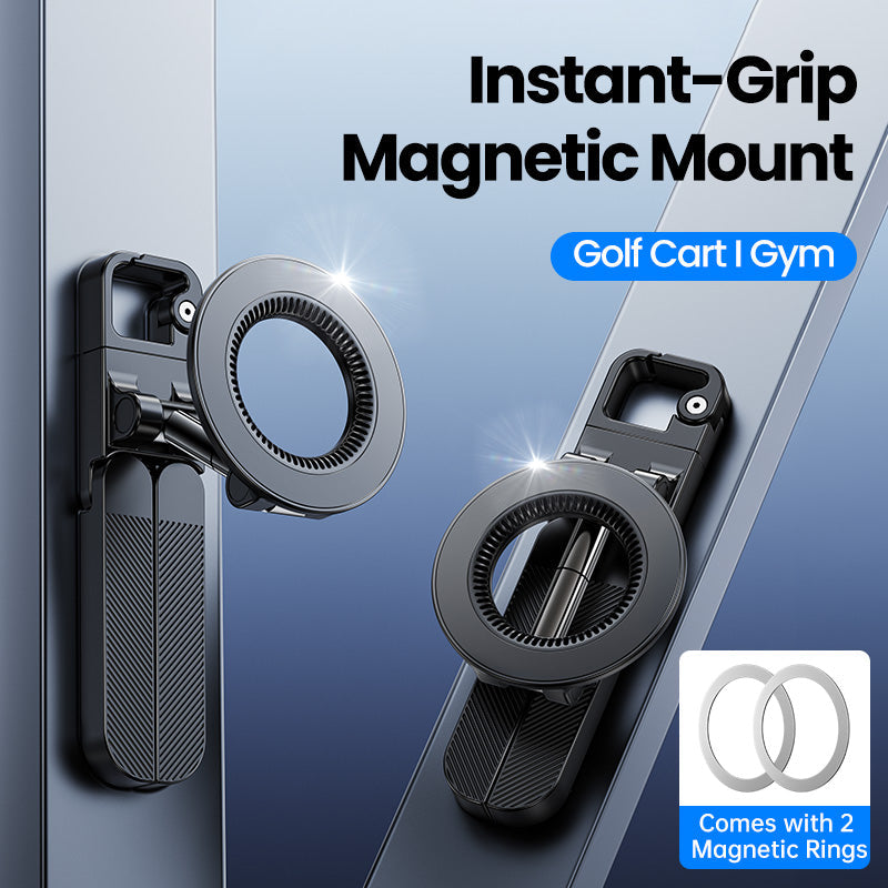 Magnetic phone holder mounted on metal surfaces, with two magnetic rings shown