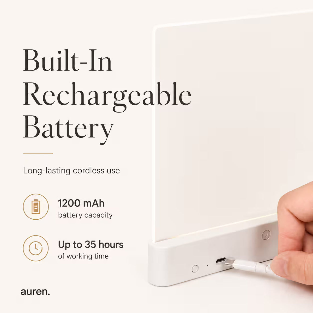 A close-up of a white Auren electronic device with a hand plugging in a white charging cable, with text on the left reading 'Built-In Rechargeable Battery' and '1200 mAh battery capacity' and 'Up to 35 hours of working time'.