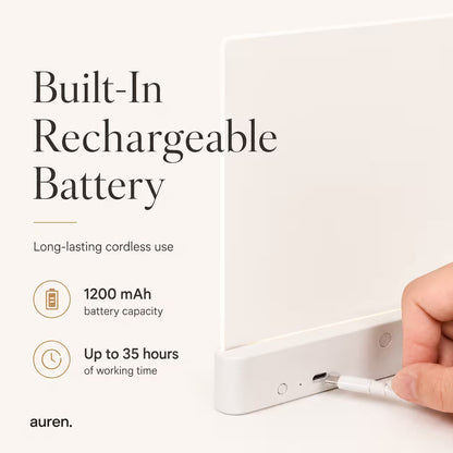 A close-up of a white Auren electronic device with a hand plugging in a white charging cable, with text on the left reading 'Built-In Rechargeable Battery' and '1200 mAh battery capacity' and 'Up to 35 hours of working time'.