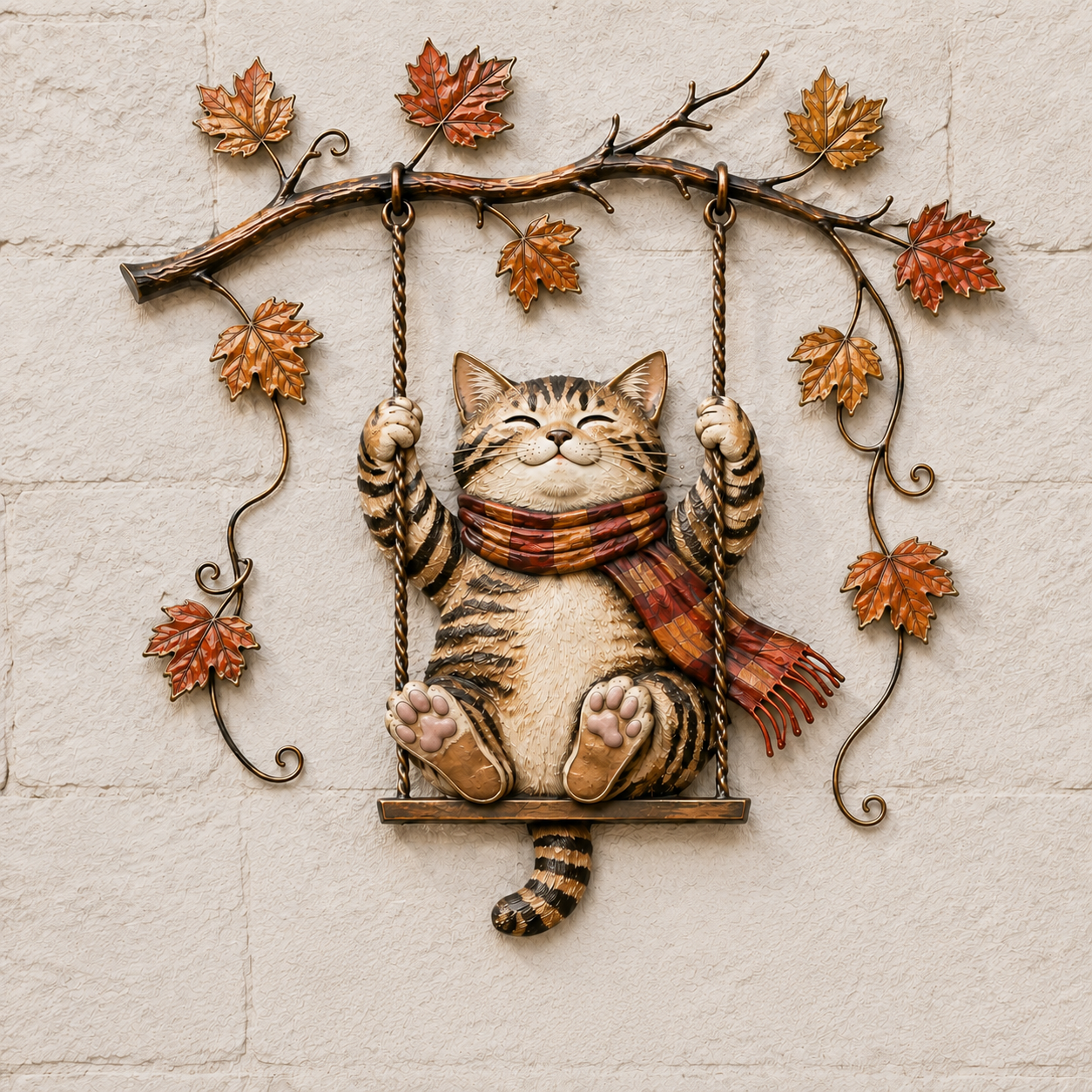 🐱🍂 Cozy Cat Swing Fall Wall Art – Rustic Autumn Metal Home Decor