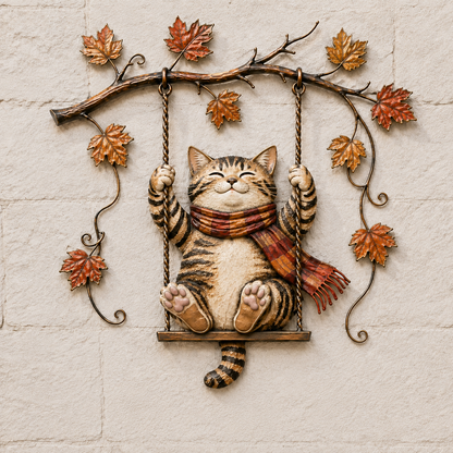 🐱🍂 Cozy Cat Swing Fall Wall Art – Rustic Autumn Metal Home Decor