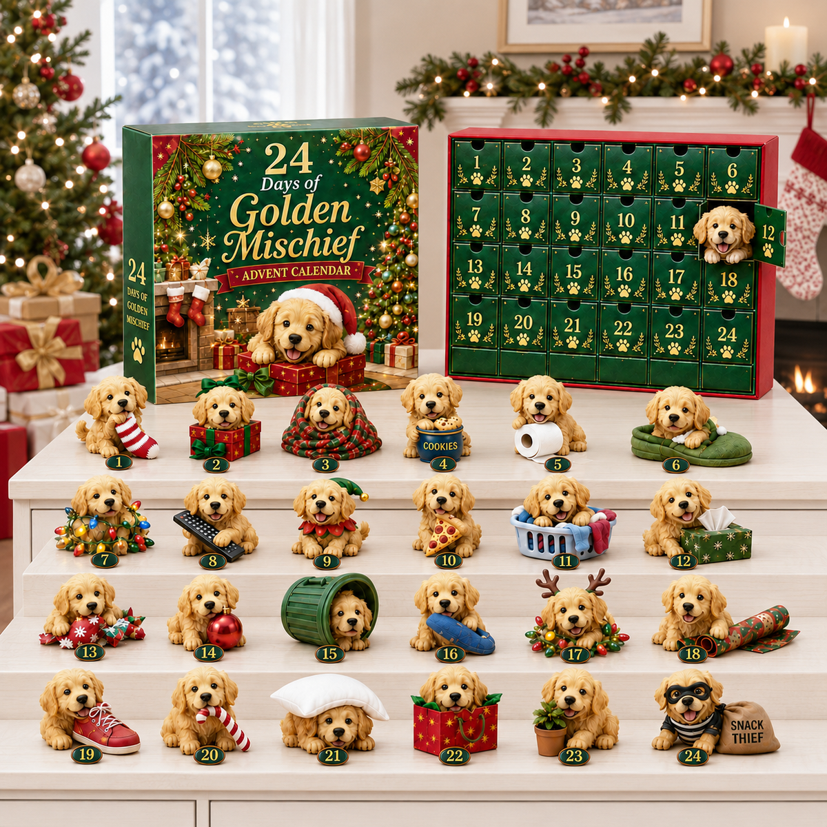 🎄 24 Days of Golden Mischief Advent Calendar – 24 Unique Golden Retriever Collectibles