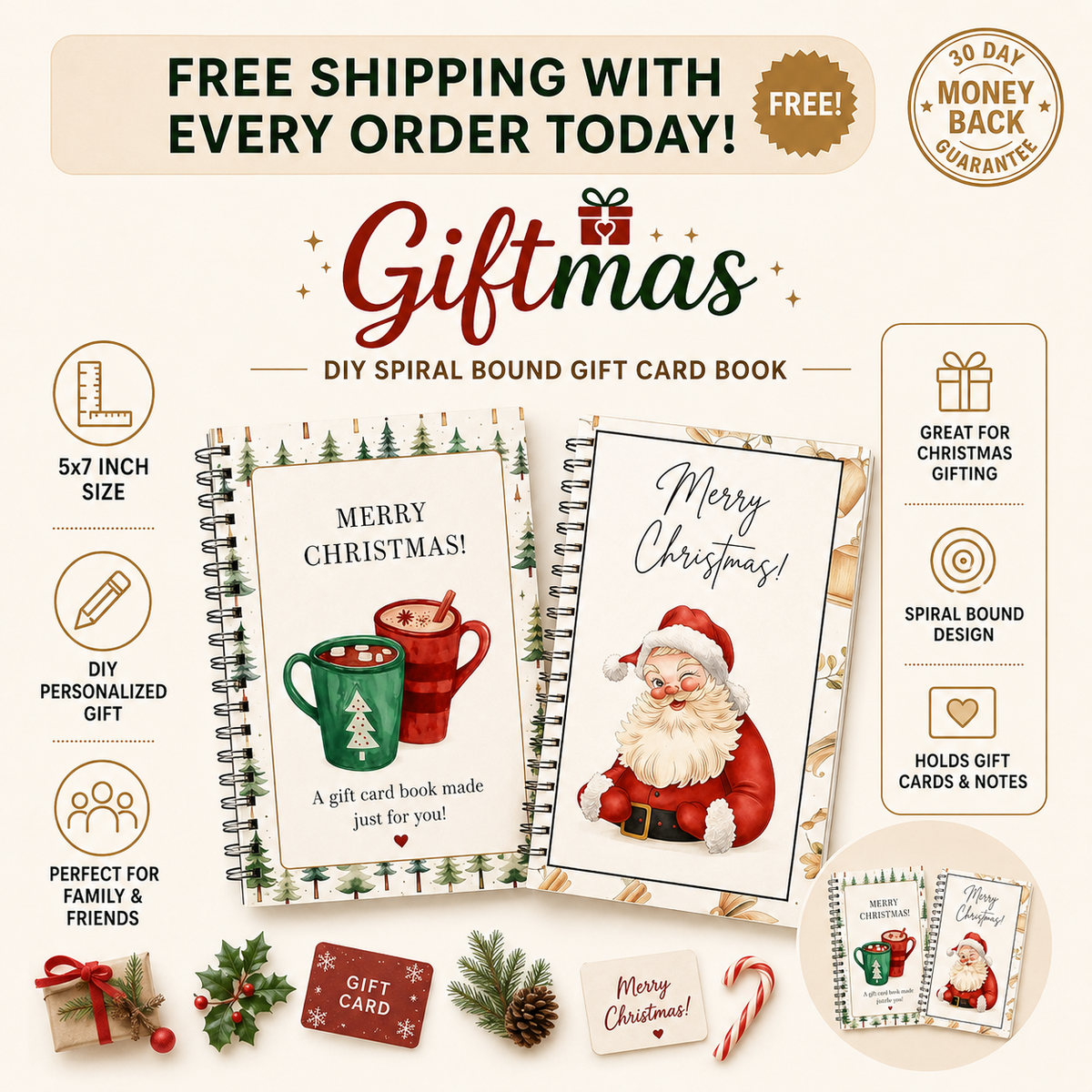 Christmas Gift Card Book – 12-page spiral-bound holiday gift card holder