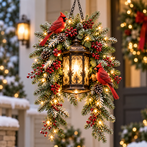 🎄 Snowy Cardinal Hanging Lantern – Give Your Porch a Christmas Glow