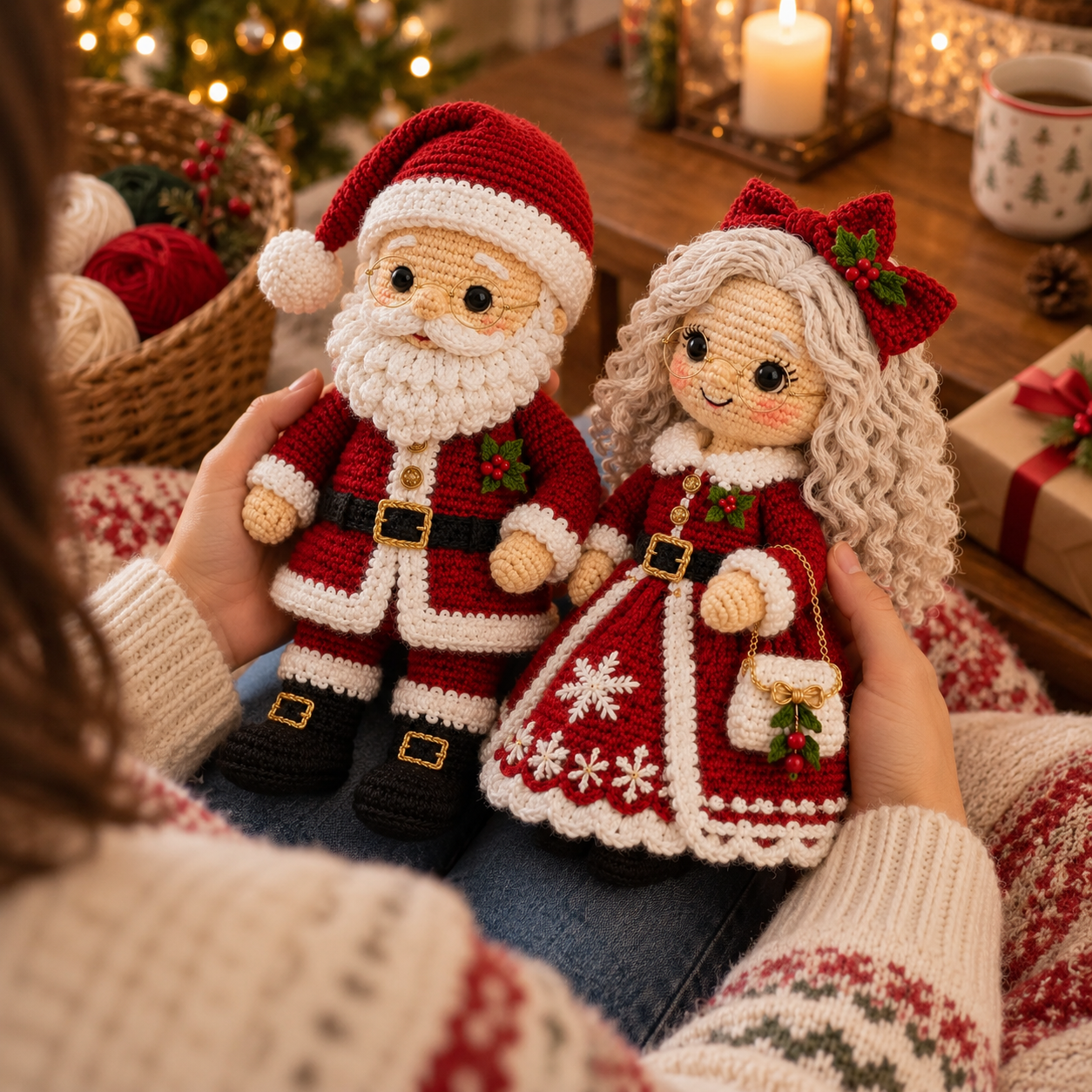 Person admiring red crochet Santa and Mrs. Claus Christmas dolls beside a warm festive table