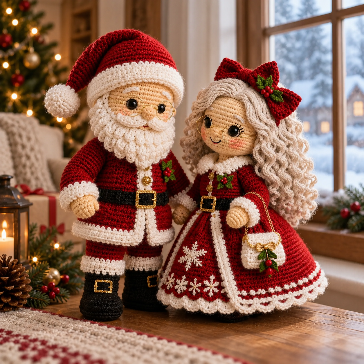 Crochet Santa and Mrs. Claus Christmas dolls displayed together beside a snowy window