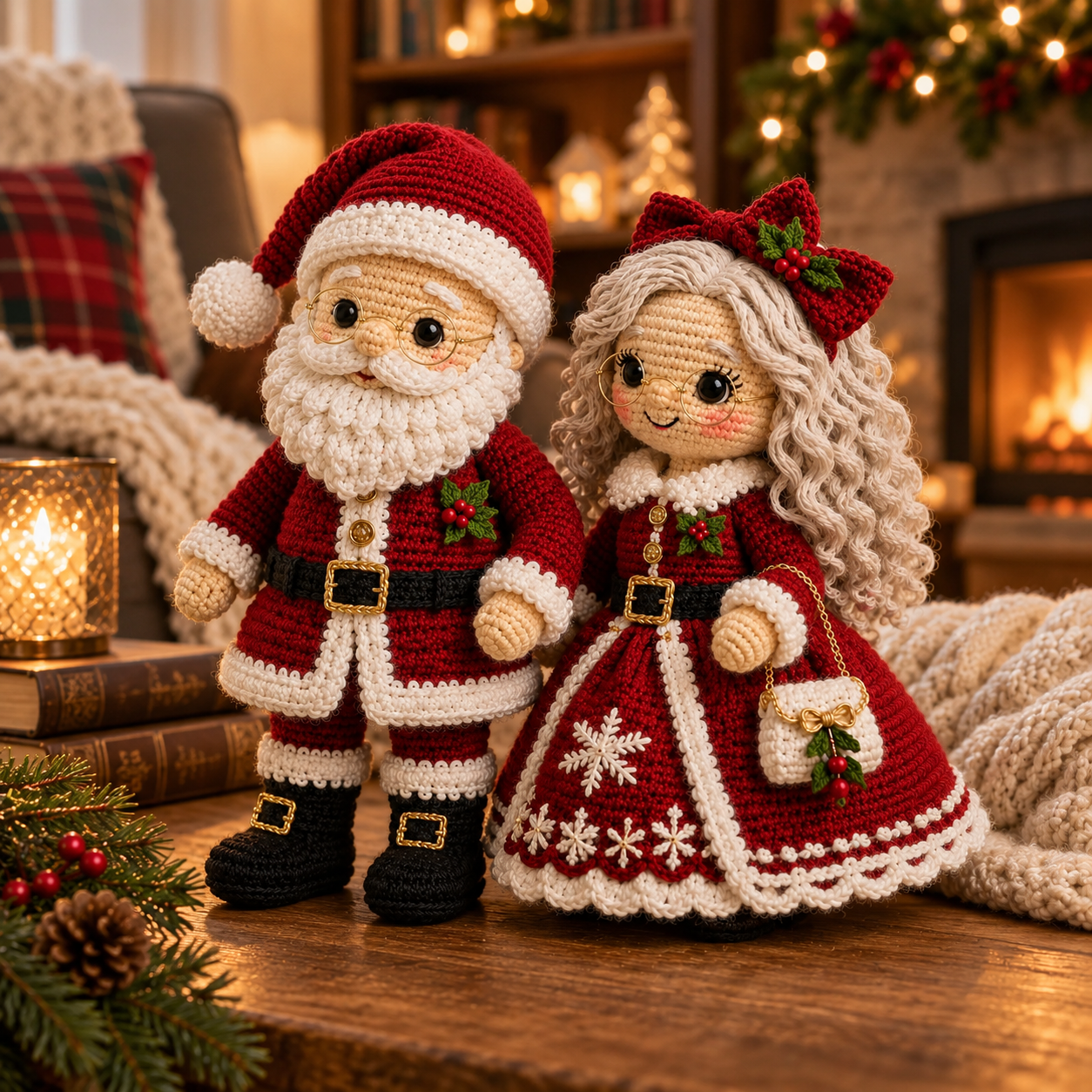 Santa and Mrs. Claus crochet figures on a wooden table beside a glowing Christmas fireplace