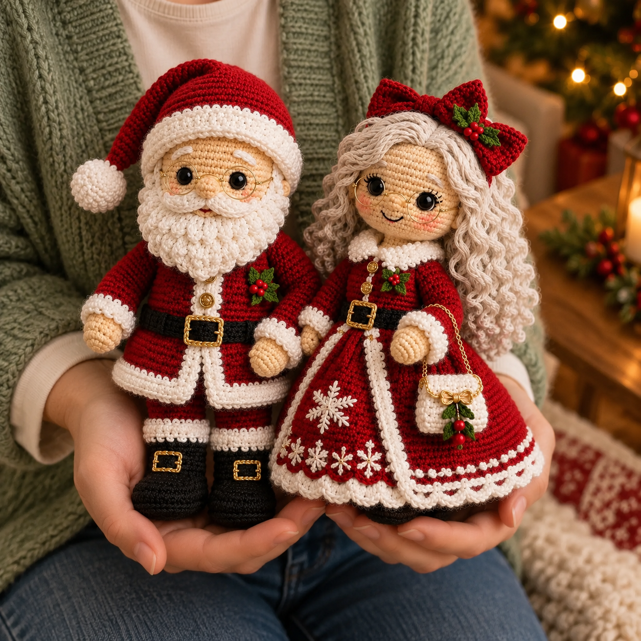 Person holding crochet Santa and Mrs. Claus dolls together to show their size and decorative details