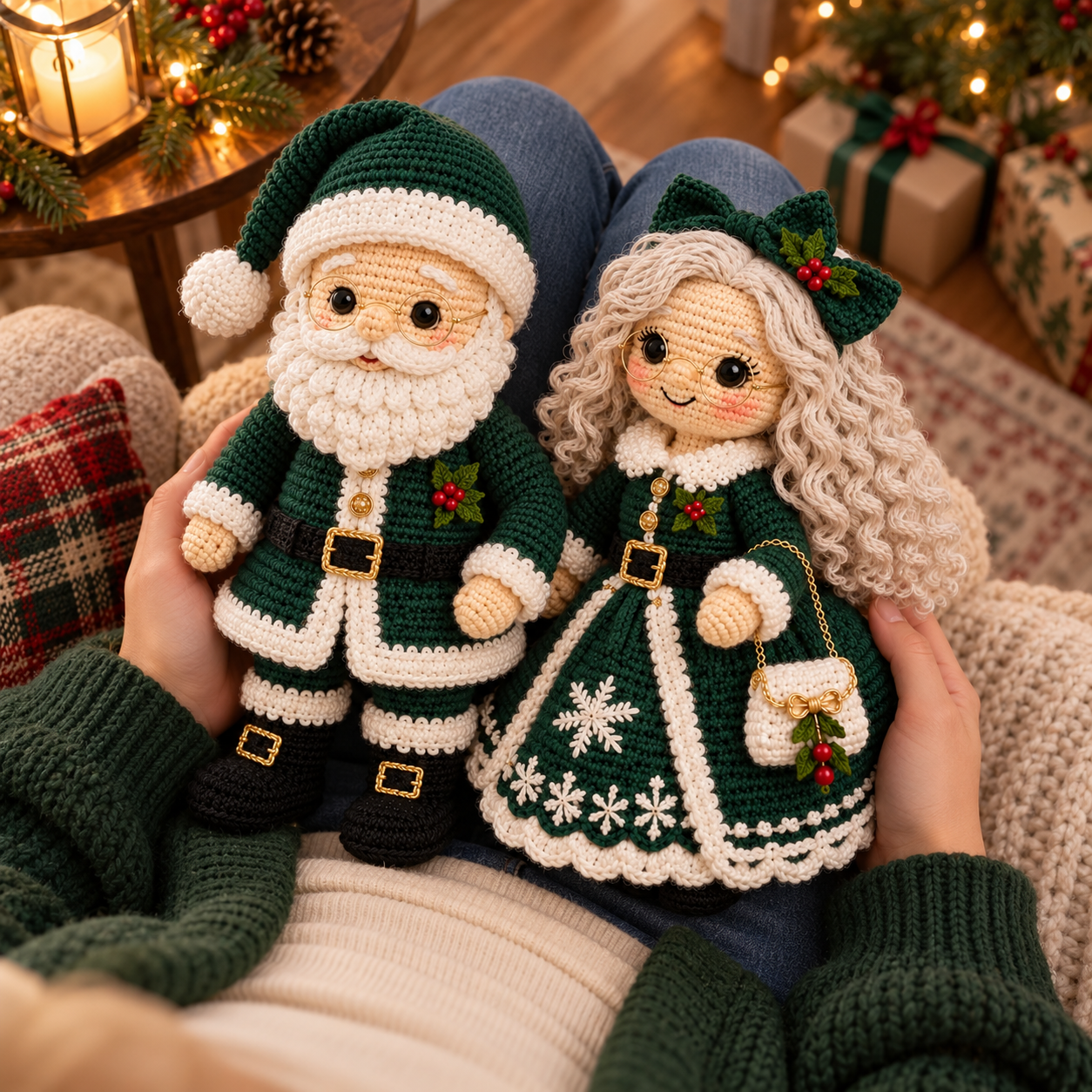 Dark Green crochet Santa and Mrs. Claus Christmas dolls