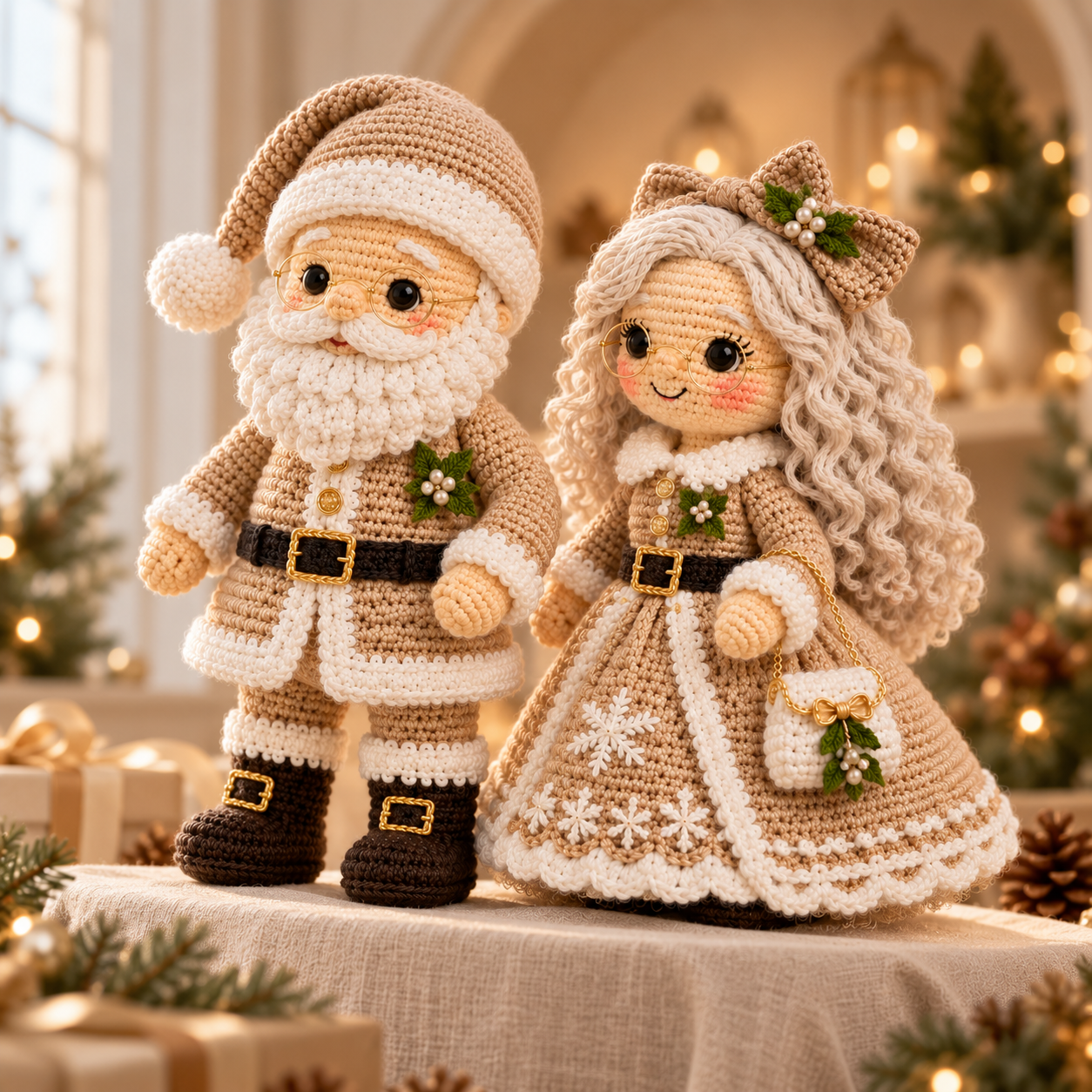 Warm Beige crochet Santa and Mrs. Claus dolls
