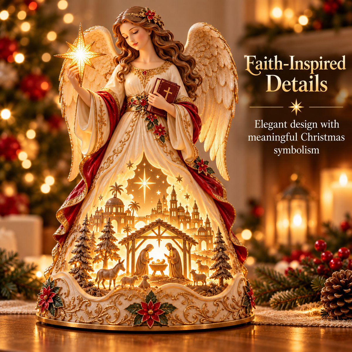 ✨🕊️ Lighted Angel Nativity Scene – Glowing Star of Bethlehem Christmas Table Decor & Meaningful Christian Gift 🎄