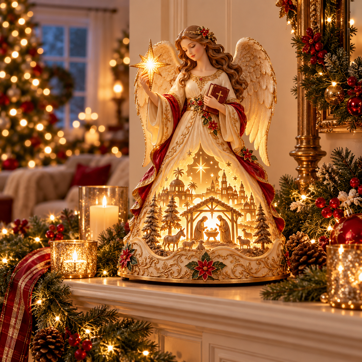 ✨🕊️ Lighted Angel Nativity Scene – Glowing Star of Bethlehem Christmas Table Decor & Meaningful Christian Gift 🎄