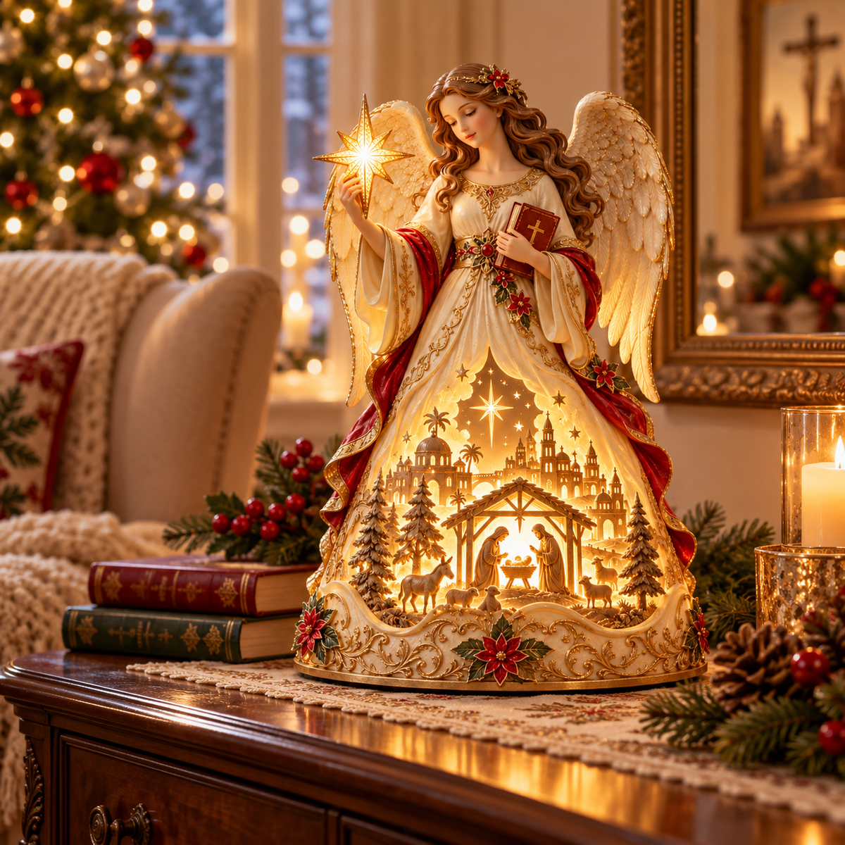✨🕊️ Lighted Angel Nativity Scene – Glowing Star of Bethlehem Christmas Table Decor & Meaningful Christian Gift 🎄