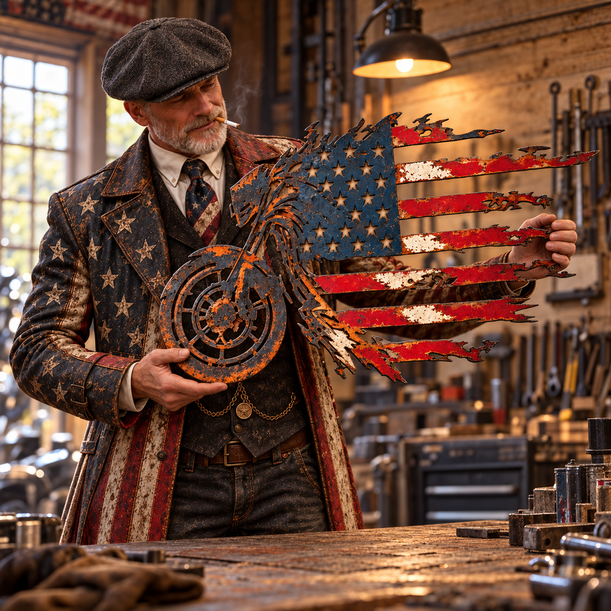 🏍️🇺🇸 Vintage American Flag Motorcycle Metal Wall Art – Rustic Biker Garage Decor & Gift for Riders 🔥