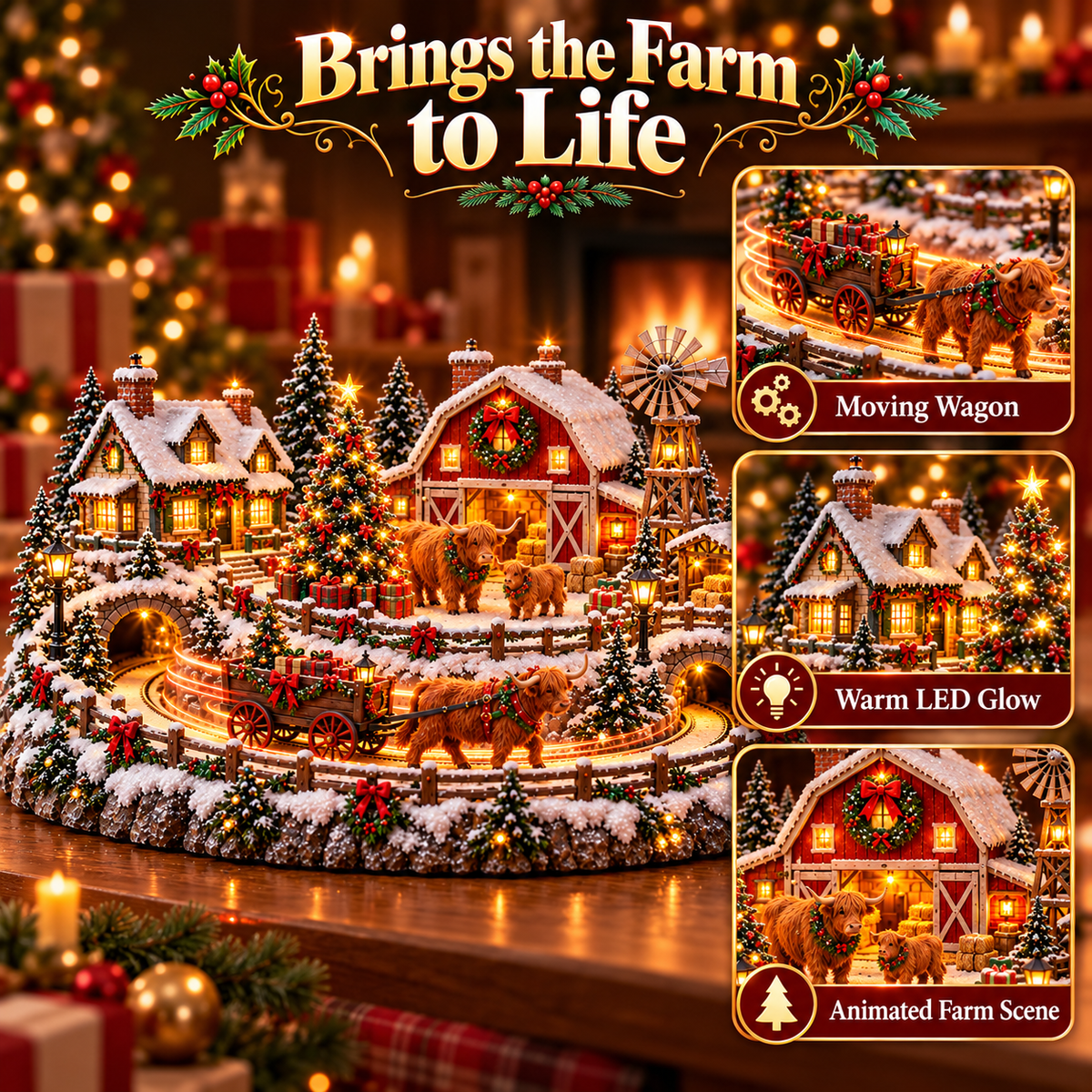 🐮 Highland Cow Christmas Farm Village – Lighted Farmhouse Holiday Scene