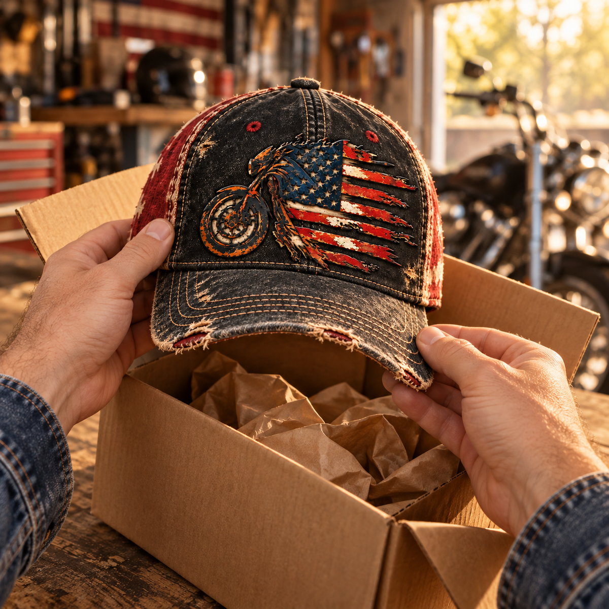 Vintage American flag motorcycle cap being held above an open shipping box