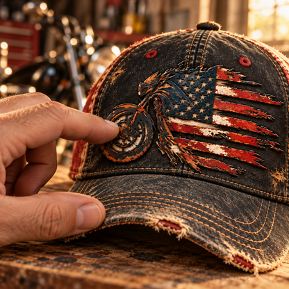 Vintage American Flag Motorcycle Baseball Cap – Distressed Retro Biker Hat🏍️