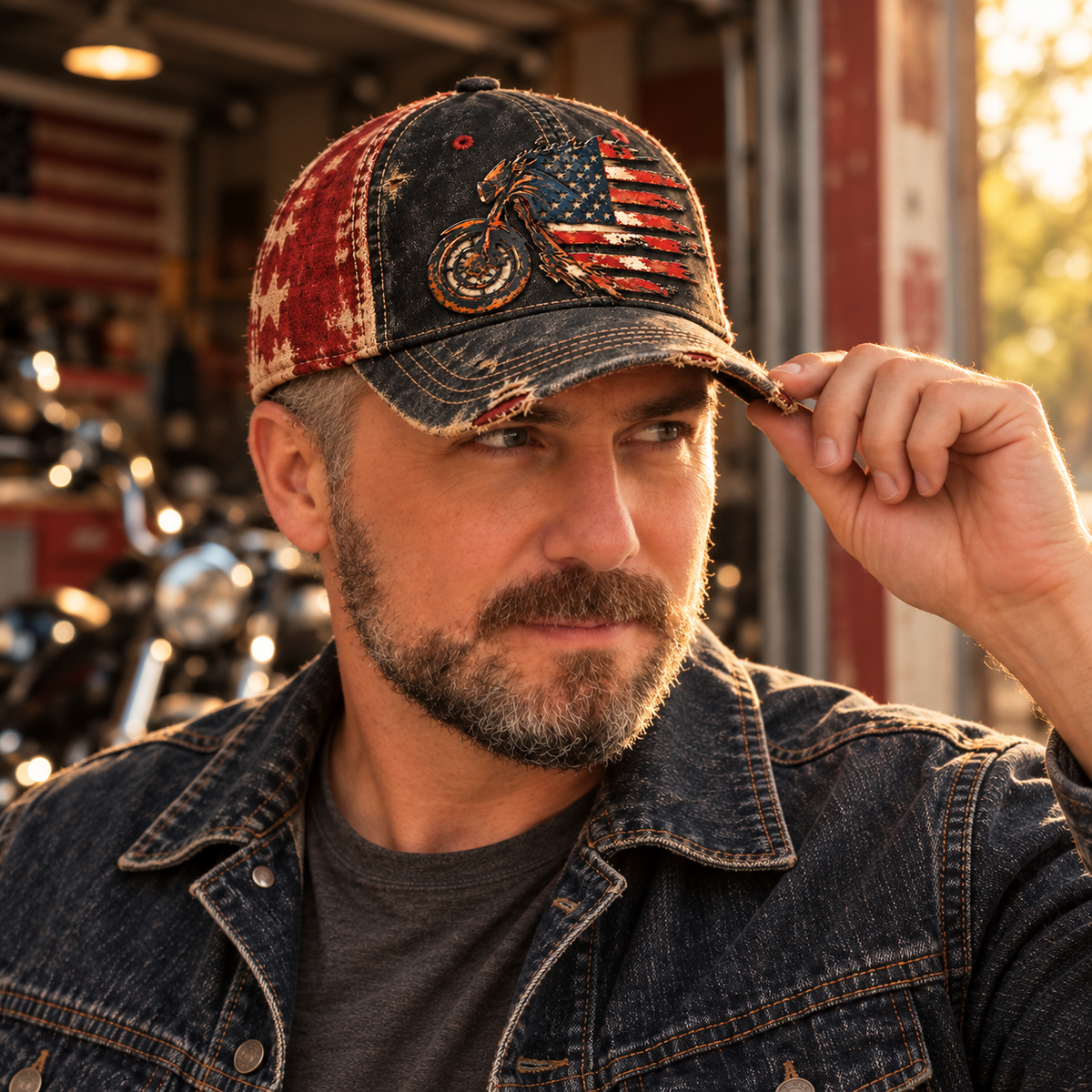 Man wearing vintage American flag motorcycle cap with a denim jacket near a motorcycle garage