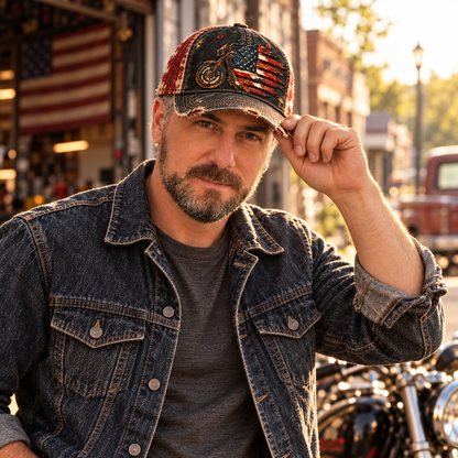 Vintage American Flag Motorcycle Baseball Cap – Distressed Retro Biker Hat🏍️