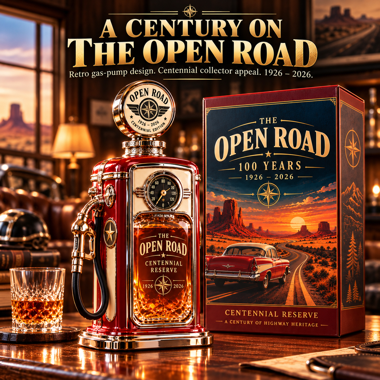 Open Road Centennial red gas pump whiskey decanter with vintage highway themed presentation