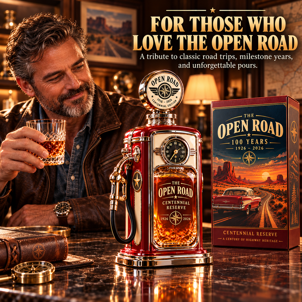 Classic car enthusiast with commemorative gas pump whiskey decanter