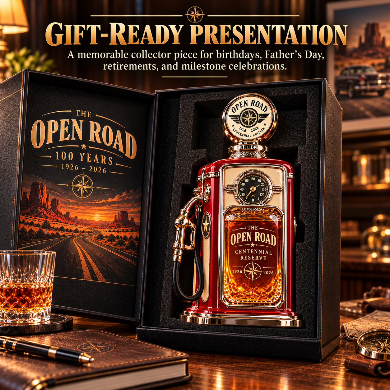 Illustrative gift presentation for vintage gas pump whiskey decanter