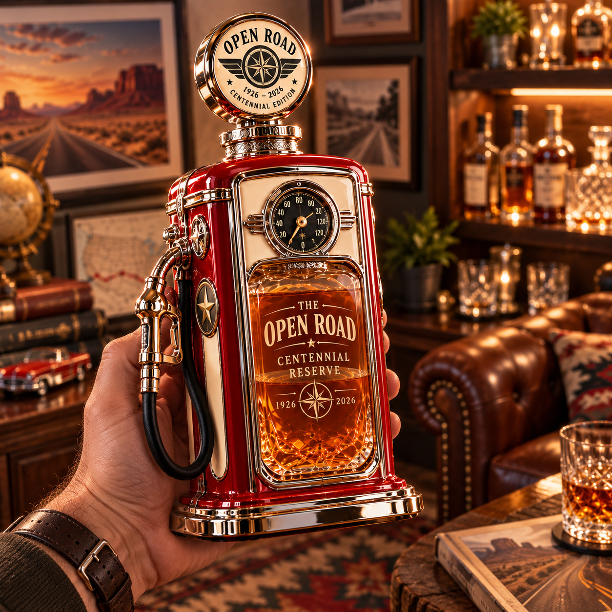 Hand holding vintage red gas pump commemorative decanter in a home bar