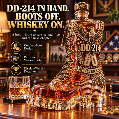 DD-214 Veteran Whiskey Decanter – Military Retirement Combat Boot Liquor Bottle with Eagle & American Flag