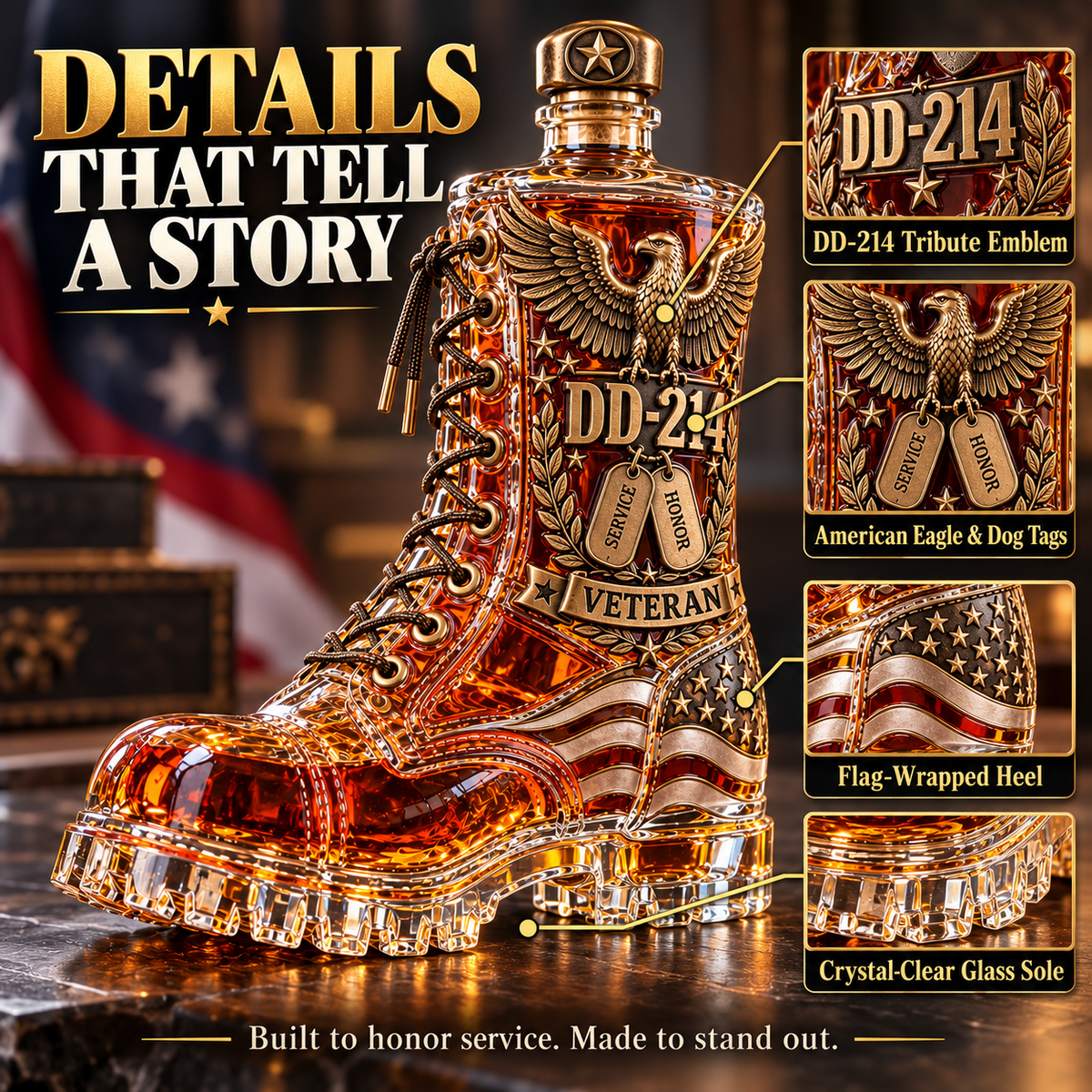 DD-214 Veteran Whiskey Decanter – Military Retirement Combat Boot Liquor Bottle with Eagle & American Flag