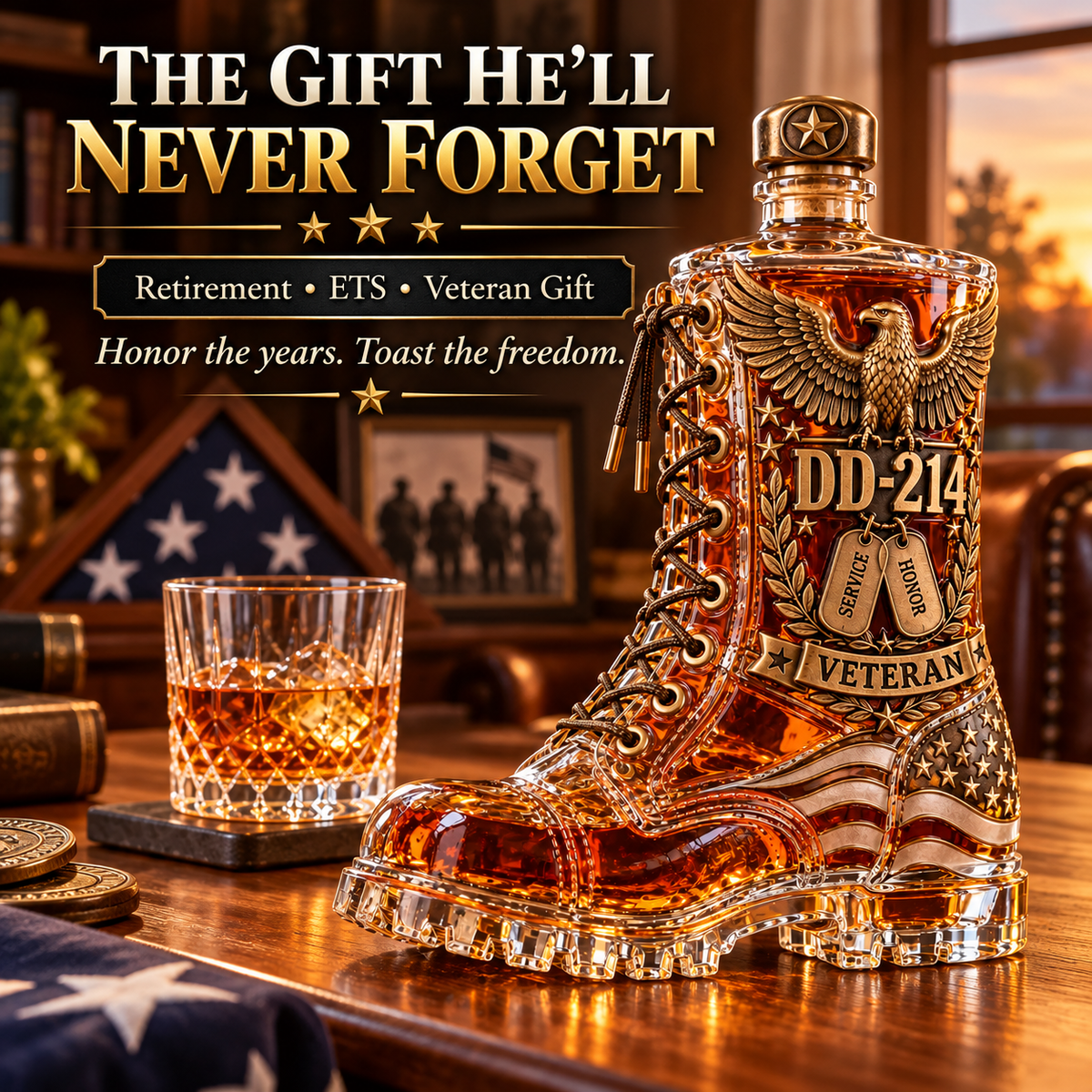 DD-214 Veteran Whiskey Decanter – Military Retirement Combat Boot Liquor Bottle with Eagle & American Flag