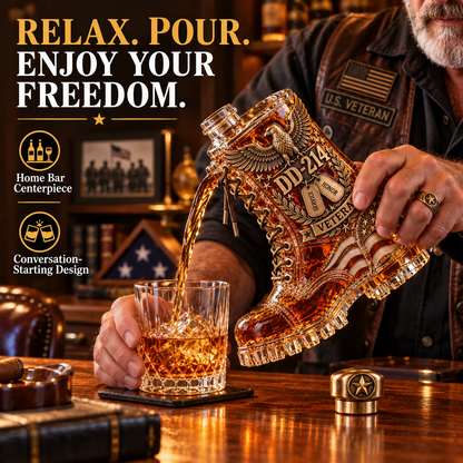 DD-214 Veteran Whiskey Decanter – Military Retirement Combat Boot Liquor Bottle with Eagle & American Flag