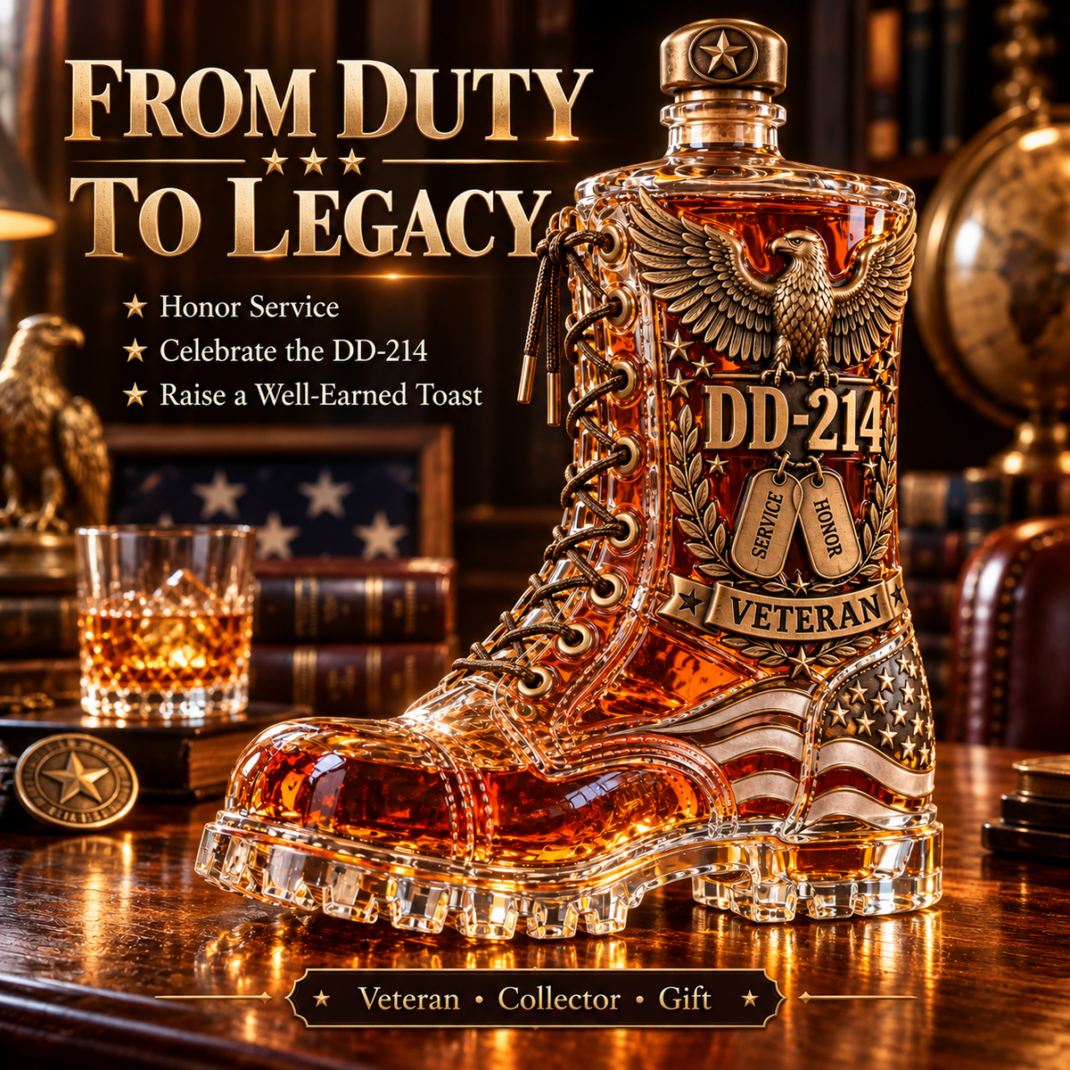 DD-214 Veteran Whiskey Decanter – Military Retirement Combat Boot Liquor Bottle with Eagle & American Flag