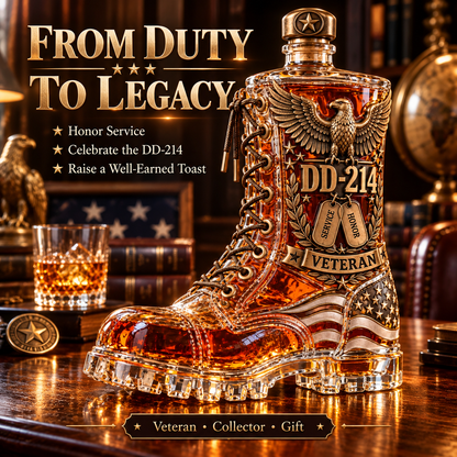 DD-214 Veteran Whiskey Decanter – Military Retirement Combat Boot Liquor Bottle with Eagle & American Flag