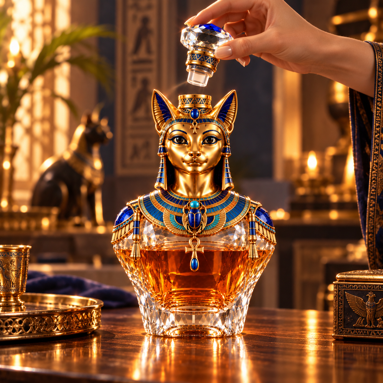 Hand lifting the decorative faceted stopper from the Bastet whiskey decanter